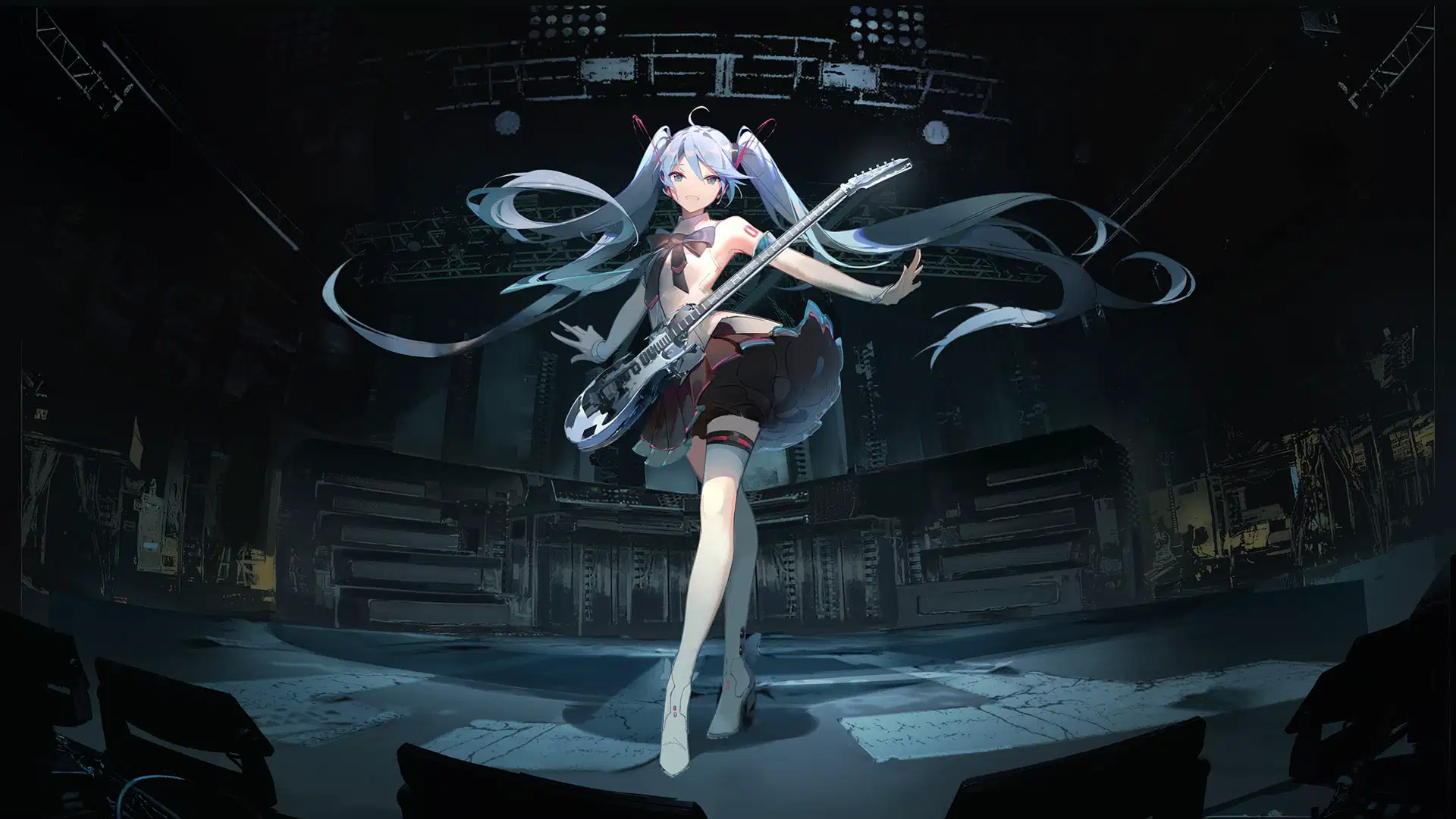 虚拟歌姬Miku初音未来身背吉他活力四射壁纸