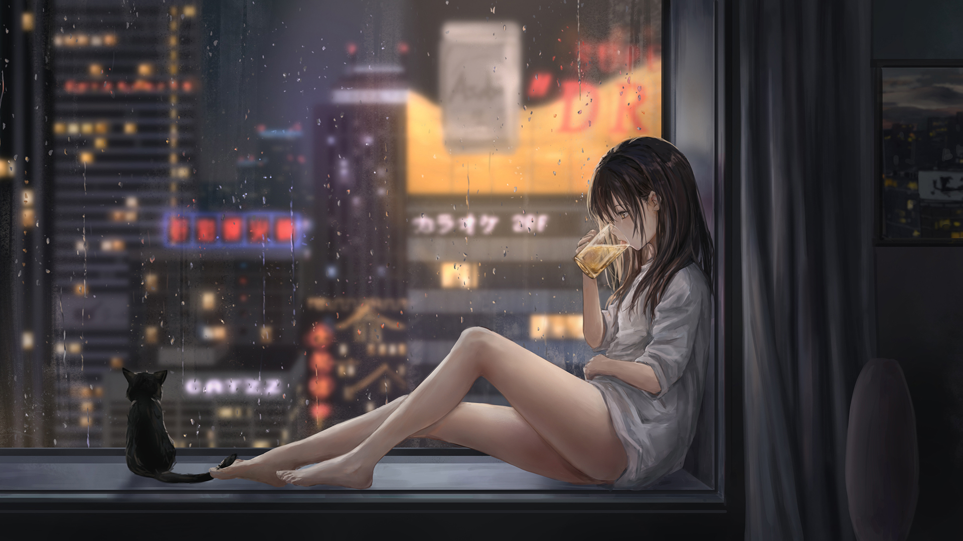 淅淅沥沥下雨天飘窗前女孩与猫动漫夜景壁纸